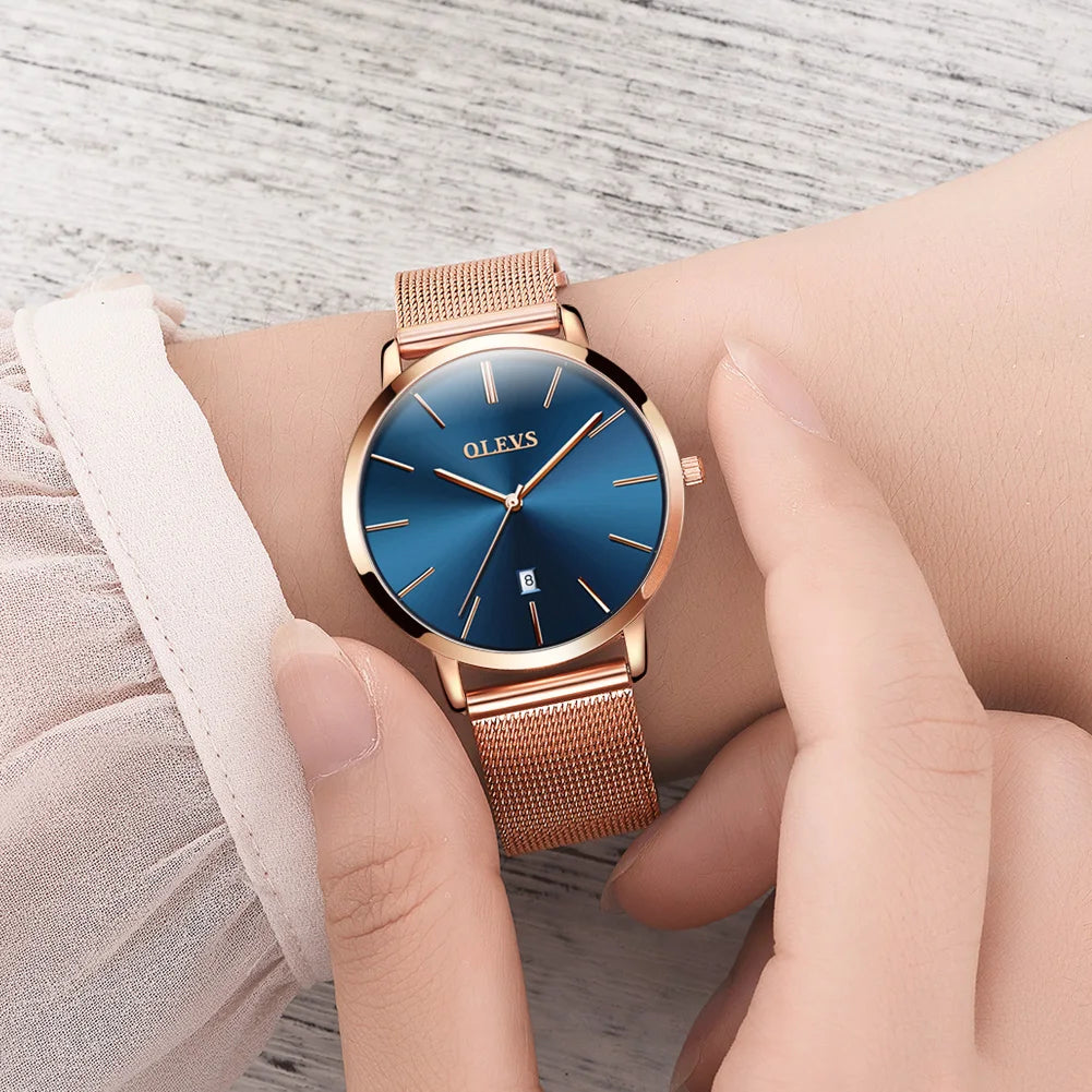 OLEVS Luxury Quartz Watch – Rose Gold Stainless Steel Gift Set