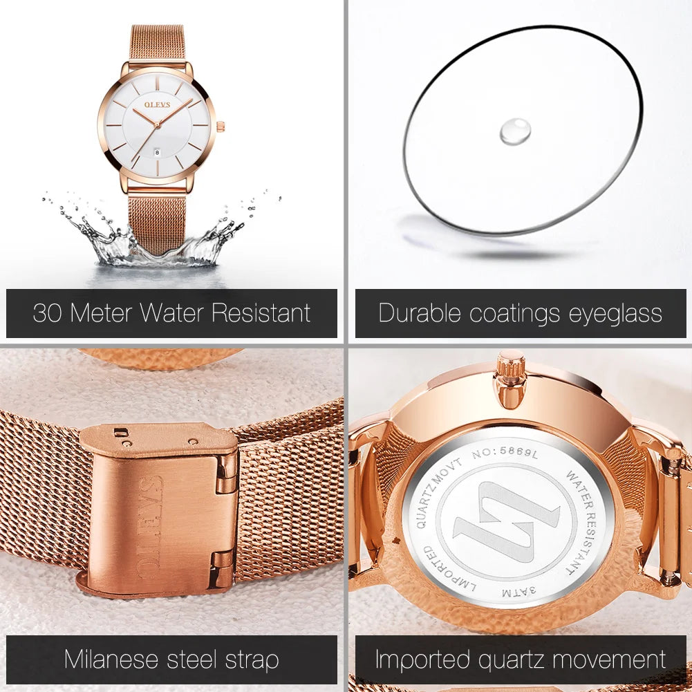 OLEVS Luxury Quartz Watch – Rose Gold Stainless Steel Gift Set