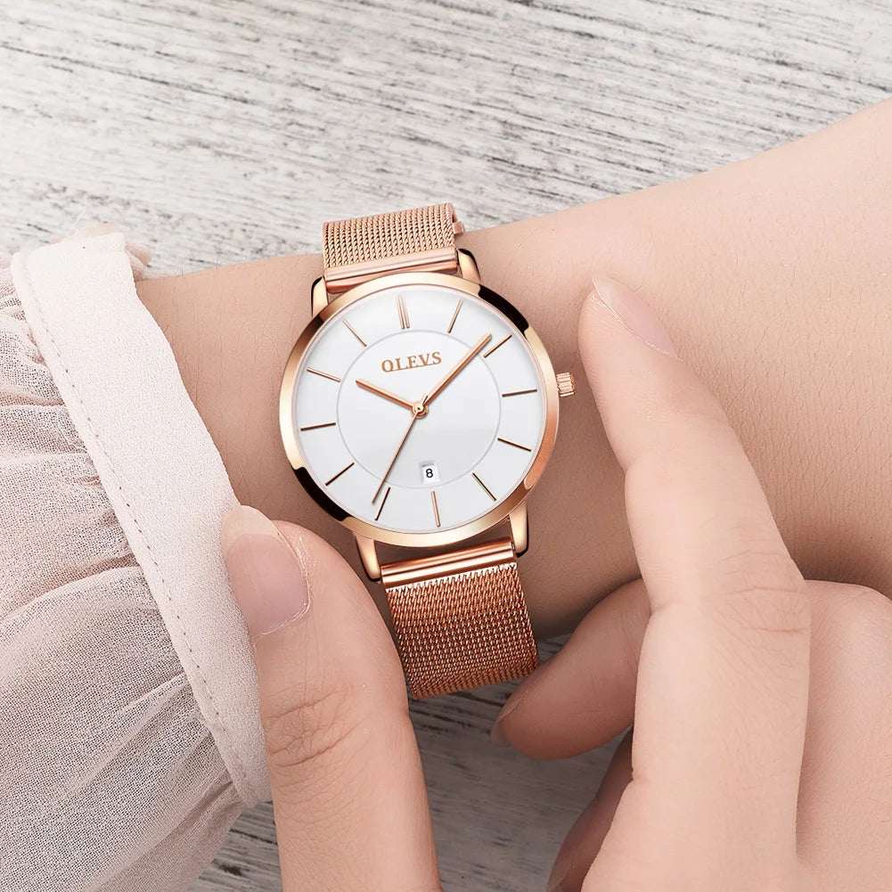 OLEVS Luxury Quartz Watch – Rose Gold Stainless Steel Gift Set
