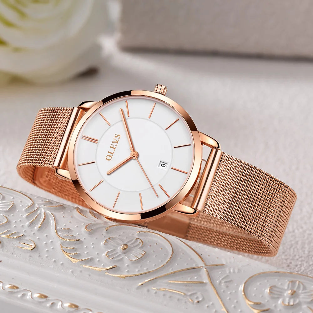 OLEVS Luxury Quartz Watch – Rose Gold Stainless Steel Gift Set