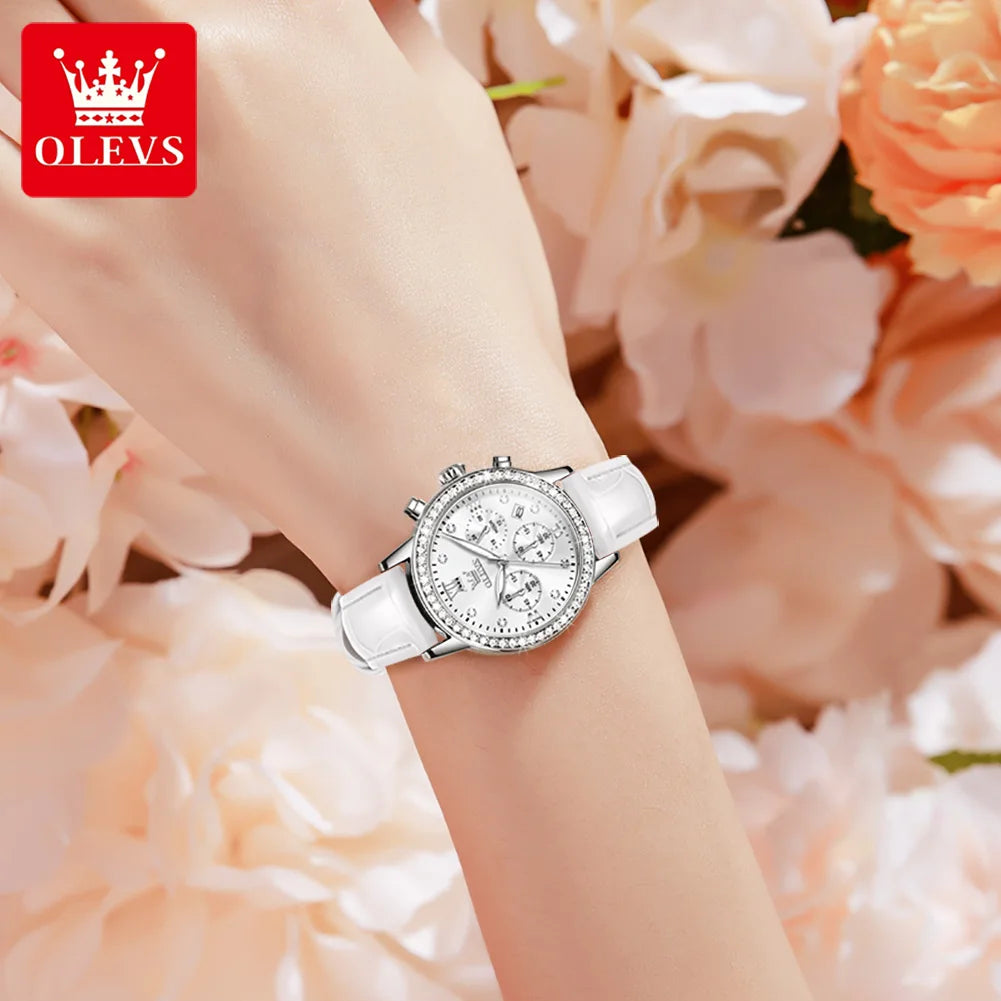OLEVS 9933 Diamond Quartz Watch – Leather Strap Multifunction