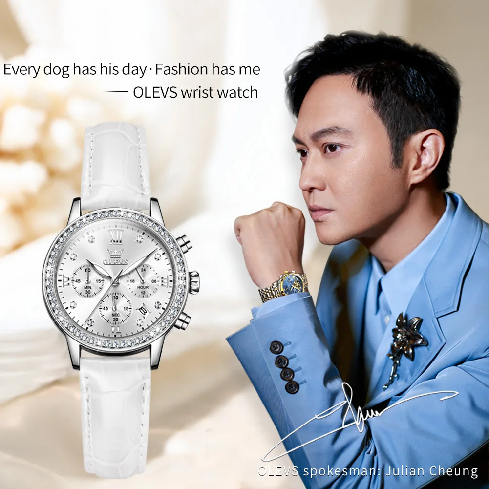 OLEVS 9933 Diamond Quartz Watch – Leather Strap Multifunction