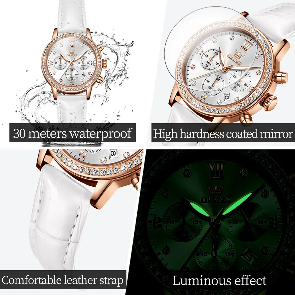 OLEVS 9933 Diamond Quartz Watch – Leather Strap Multifunction