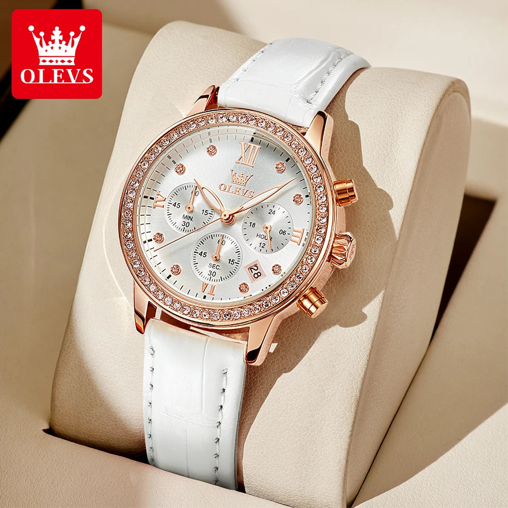 OLEVS 9933 Diamond Quartz Watch – Leather Strap Multifunction