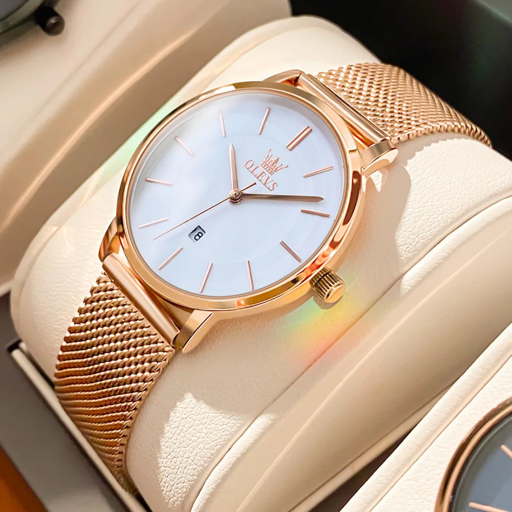 OLEVS Luxury Quartz Watch – Rose Gold Stainless Steel Gift Set