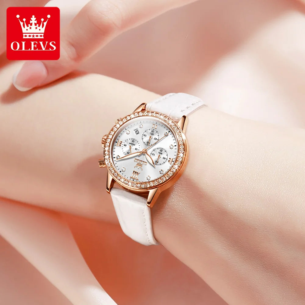 OLEVS 9933 Diamond Quartz Watch – Leather Strap Multifunction