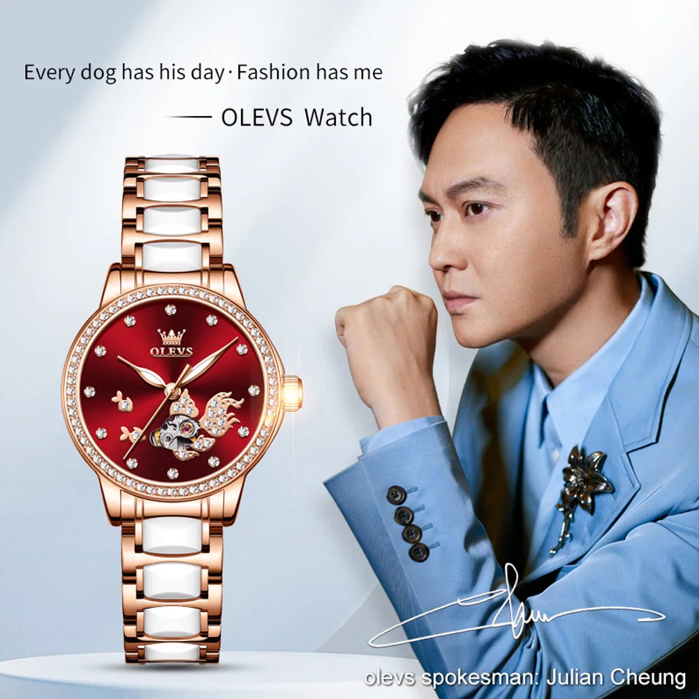 OLEVS 7001 Mechanical Watch – Koi Carp Diamond Ceramic
