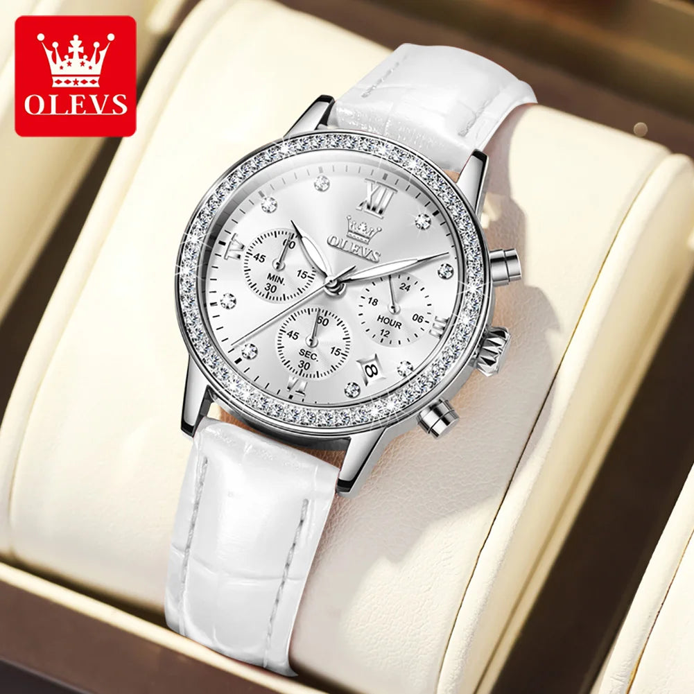 OLEVS 9933 Diamond Quartz Watch – Leather Strap Multifunction