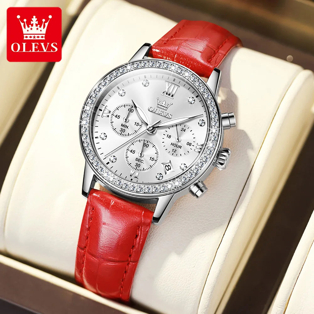 OLEVS 9933 Diamond Quartz Watch – Leather Strap Multifunction