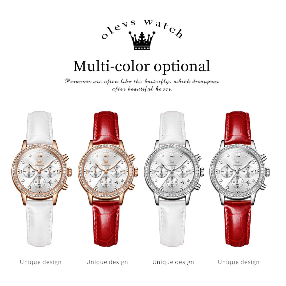 OLEVS 9933 Diamond Quartz Watch – Leather Strap Multifunction