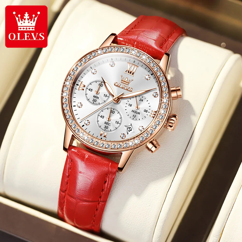 OLEVS 9933 Diamond Quartz Watch – Leather Strap Multifunction