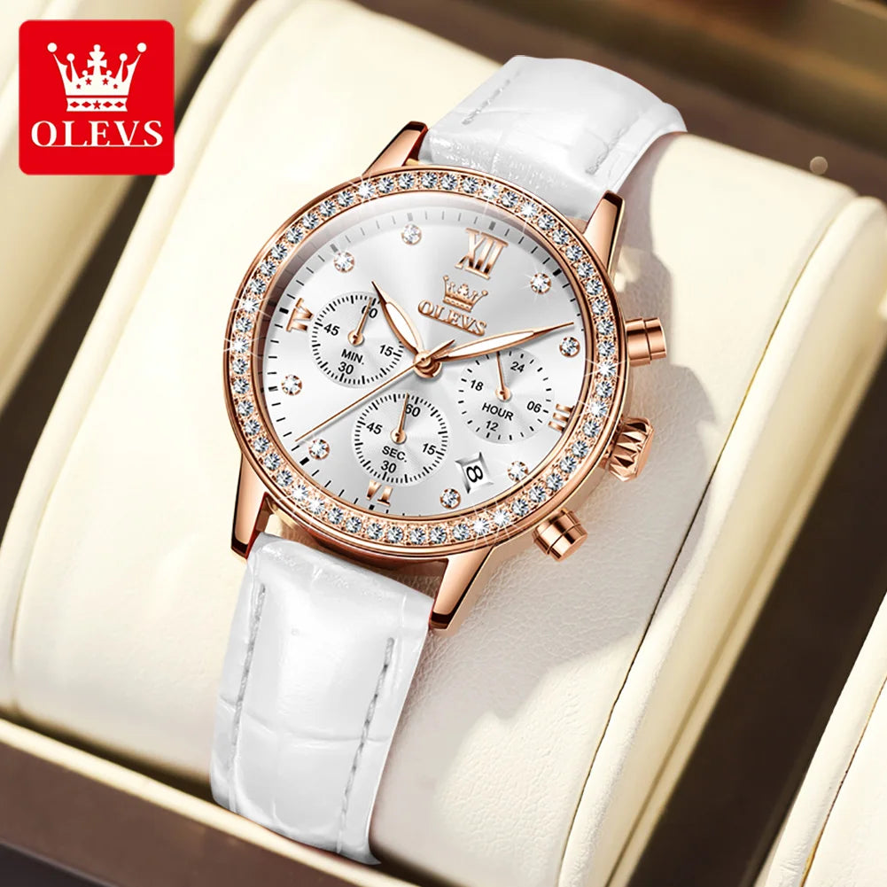 OLEVS 9933 Diamond Quartz Watch – Leather Strap Multifunction